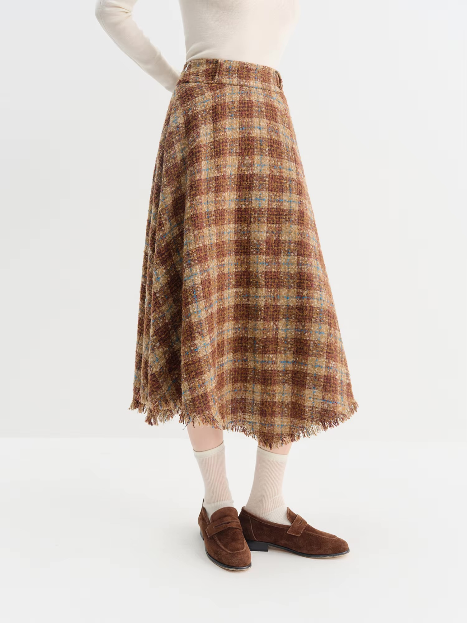 Women’s woman womens petite-, tall-, plus-, size Casual Summer holiday vacation getaway wfh office commute workwear indie style Fall Autumn Winter loose classic Vintage vintage style Female semi see-through high rise waist zip-up close empire waistline irregular trim hem checkered plaid checks pleats midi skirt Fashion skirts in orange coffee brown With multi