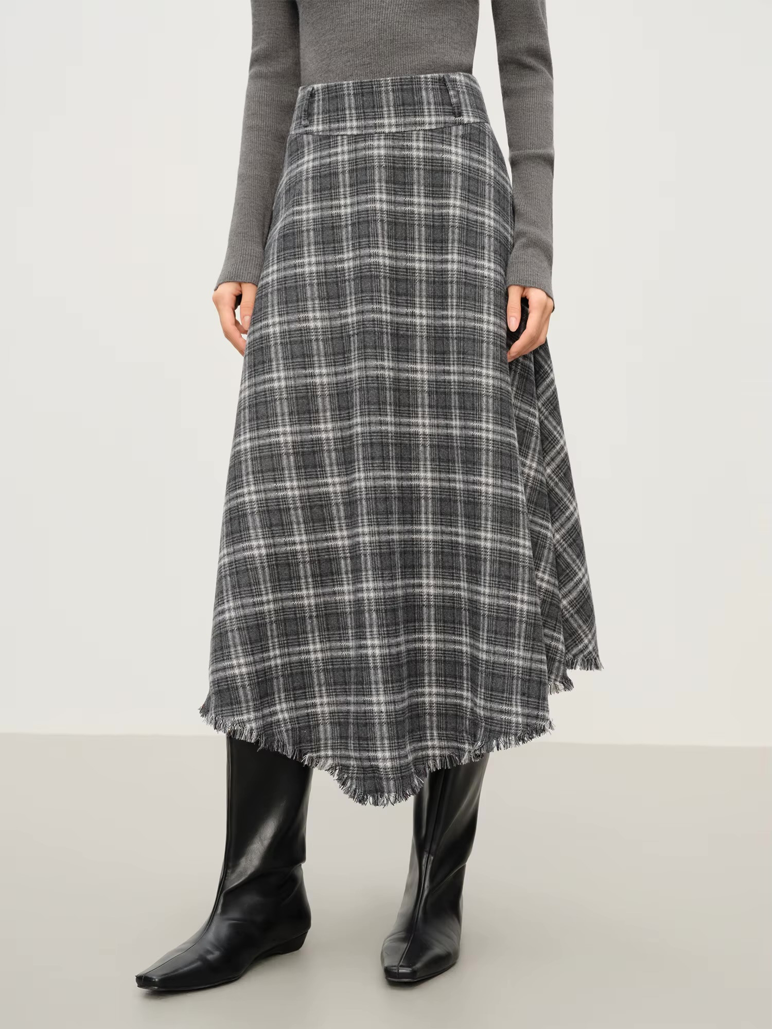 Women’s woman womens petite-, tall-, plus-, size Casual Summer holiday vacation getaway wfh office commute workwear indie style Fall Autumn Winter loose classic Vintage vintage style Female semi see-through high rise waist zip-up close empire waistline irregular trim hem checkered plaid checks pleats midi skirt Fashion skirts in dark Gray grey With multi