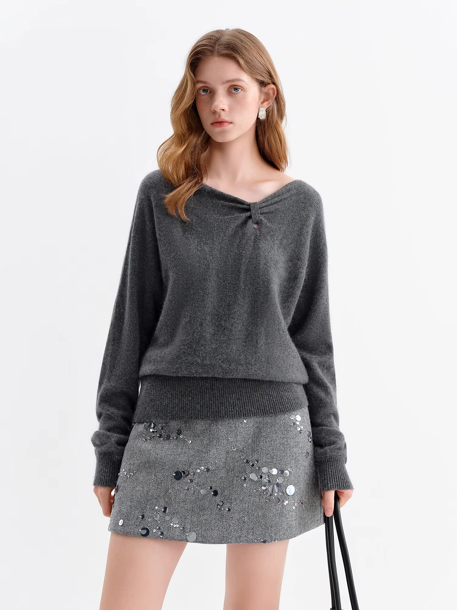 Women’s woman womens petite-, tall-, plus-, size Light Luxury High-quality Elegant evening party club wfh office commute work wear butterfly Slash neck long sleeves with rib band cuffs wide ribbed hem Sweater Fashion sweaters in dark Gray grey