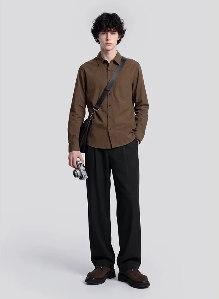 Men’s man mens petite-, tall-, plus-, size Fall Autumn Winter loose classic Vintage style Long Sleeves v-neck turn-down collar button close patch pocket Casual Shirt Fashion shirts in coffee brown