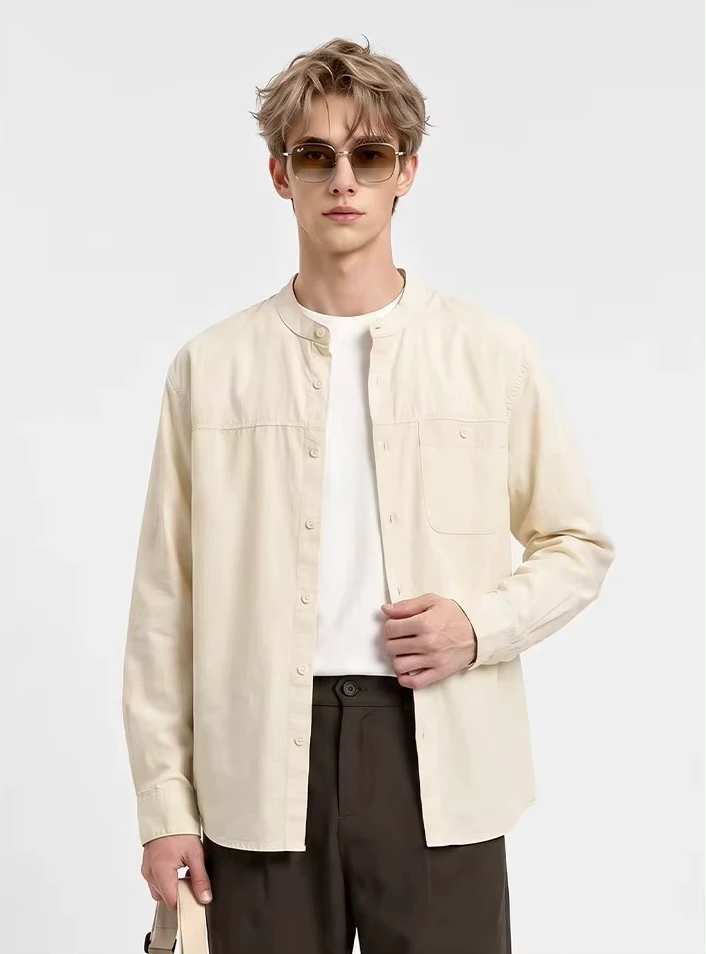 Men’s man mens petite-, tall-, plus-, size Fall Autumn Winter loose classic Vintage style Long Sleeves v-neck mandarin stand collar button close patch pocket Casual Shirt Fashion shirts in apricot white