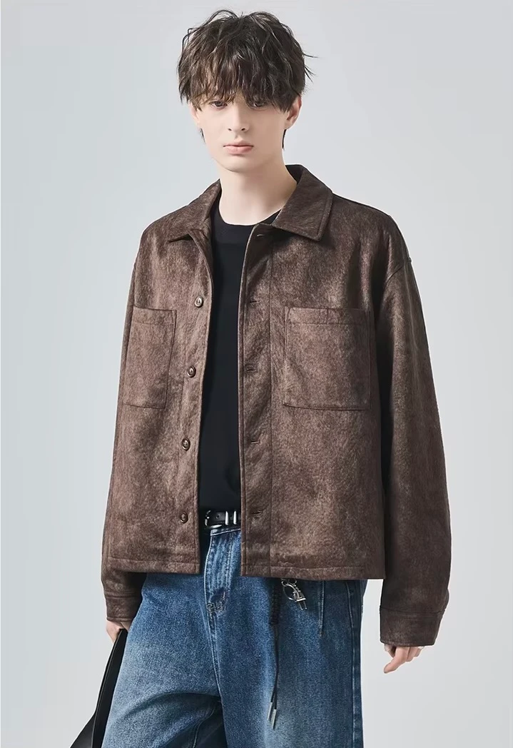 Men’s man mens petite-, tall-, plus-, size Fall Autumn Winter loose classic Vintage style Long Sleeves v-neck turn-down collar button close patch pocket at chest Casual Jacket Fashion coat Jackets in coffee brown