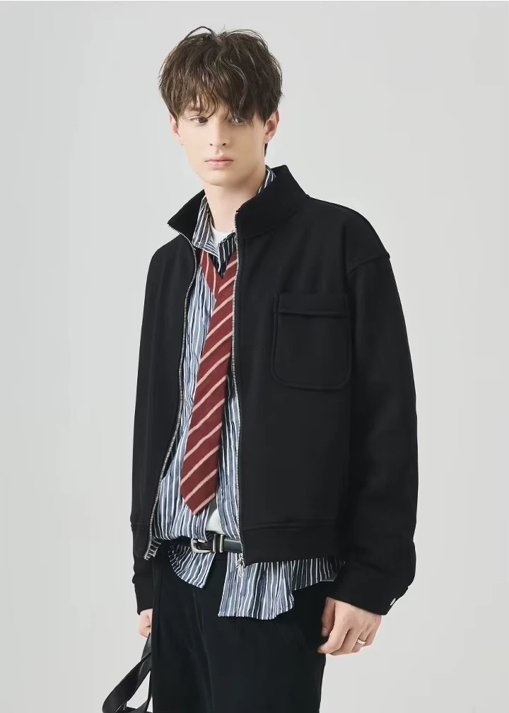Men’s man mens petite-, tall-, plus-, size Fall Autumn Winter loose classic Vintage style Long Sleeves v-neck mandarin stand collar zipper close patch pocket at chest Casual Jacket Fashion coat Jackets in black
