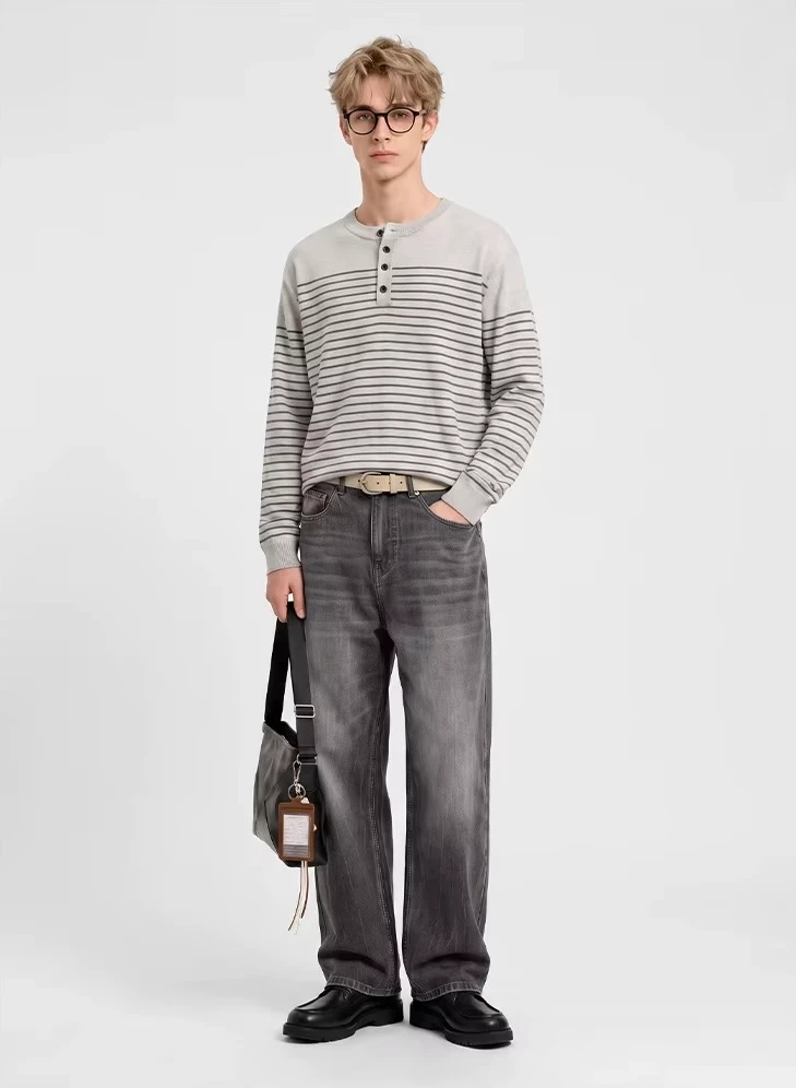 Men’s man mens petite-, tall-, plus-, size Fall Autumn Winter loose classic Vintage style Long Sleeves v-neck mandarin stand collar half button close Casual Shirt Fashion shirts in light Gray grey with white stripes