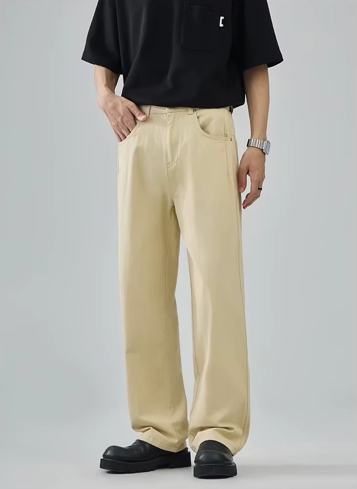 Men’s man mens petite-, tall-, plus-, size Fall Autumn Winter loose classic Vintage style mid rise loose fit 100% cotton waist half elastic waistline straight four pocket zip close Casual Pants Fashion Trousers in light khaki tan brown