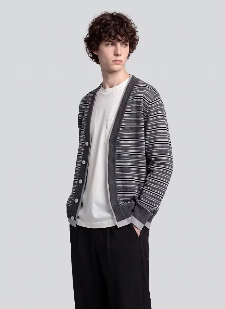 Men’s man mens petite-, tall-, plus-, size Fall Autumn Winter loose classic Vintage style stripes Long Sleeves v-neck collar striped button close Casual cardigan Fashion sweater Cardigans in gray with grey stripe