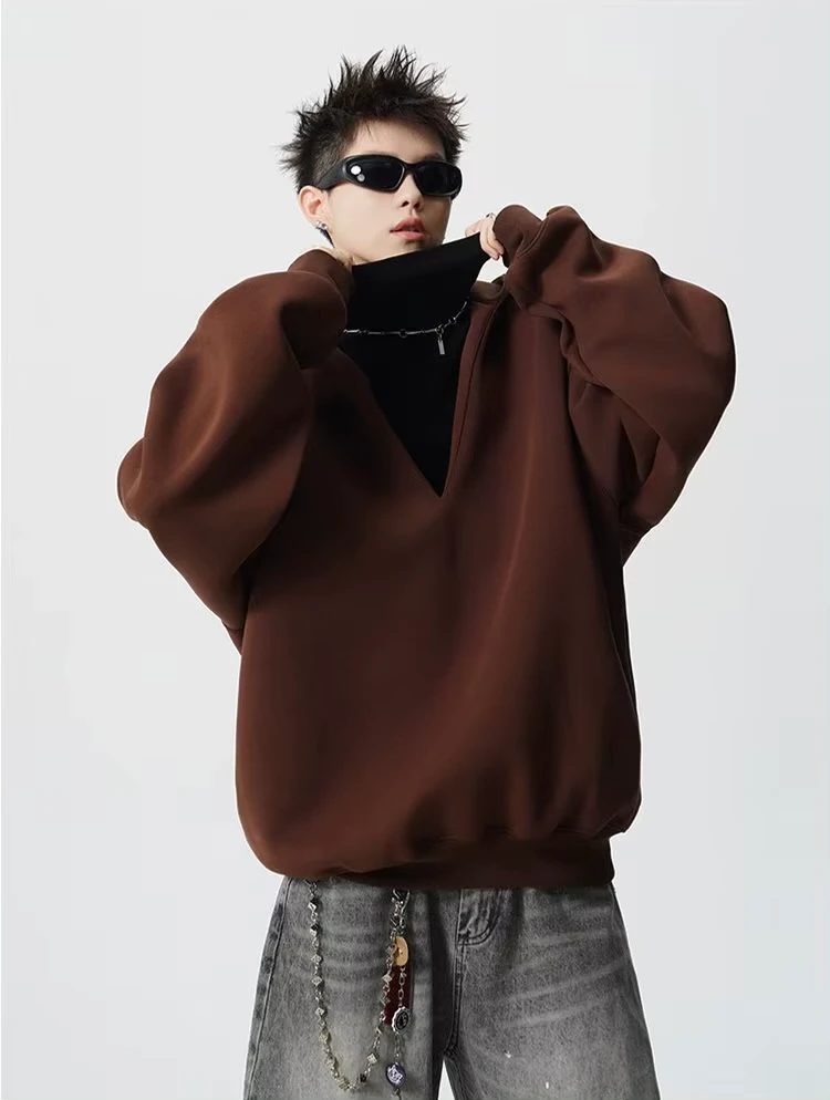 Men’s man mens petite-, tall-, plus-, size Fall Autumn Winter loose classic Vintage style hoodie Long Sleeves v-neck collar Casual Hooded Sweatshirt Fashion sweatshirts in brown