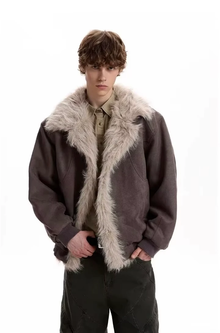 Men’s man mens petite-, tall-, plus-, size Fall Autumn Winter loose classic Vintage style Long Sleeves fur v-neck collar Casual Jacket Fashion outerwear Jackets  coat in brown