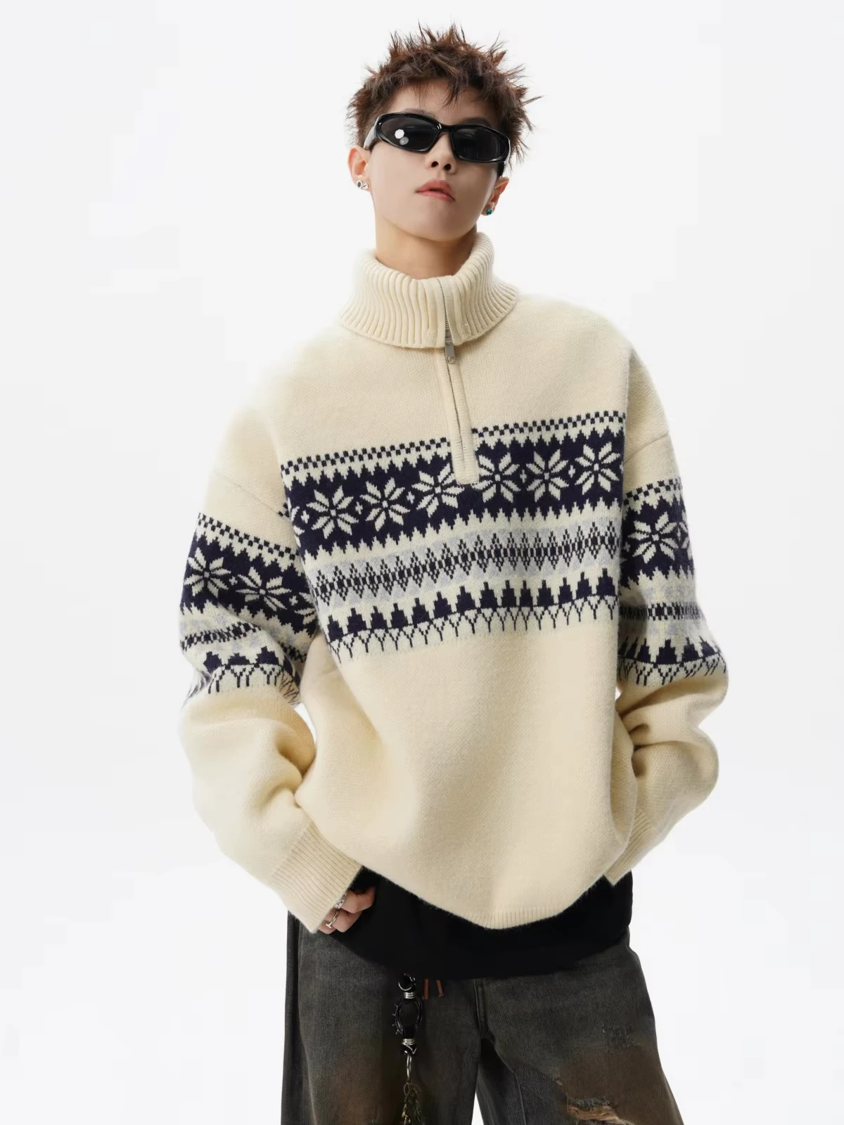 Men’s man mens petite-, tall-, plus-, size Fall Autumn Winter loose classic Vintage HIP HOP y2k style Long Sleeves with rib band cuffs ribbed Turtleneck mockneck collar half zipper Casual Sweater Fashion sweaters in apricot white with black