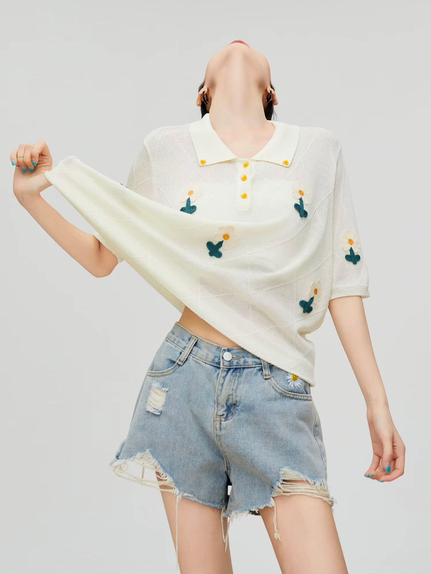 Women’s woman womens petite-, tall-, plus-, size Light Luxury High-quality Elegant cotton-blend holiday vacation getaway evening party club, loose knit short sleeves embroidered turn-down collar embroidery casual t-shirt Fashion shirts tops in white beige white with green yellow flowers accent color