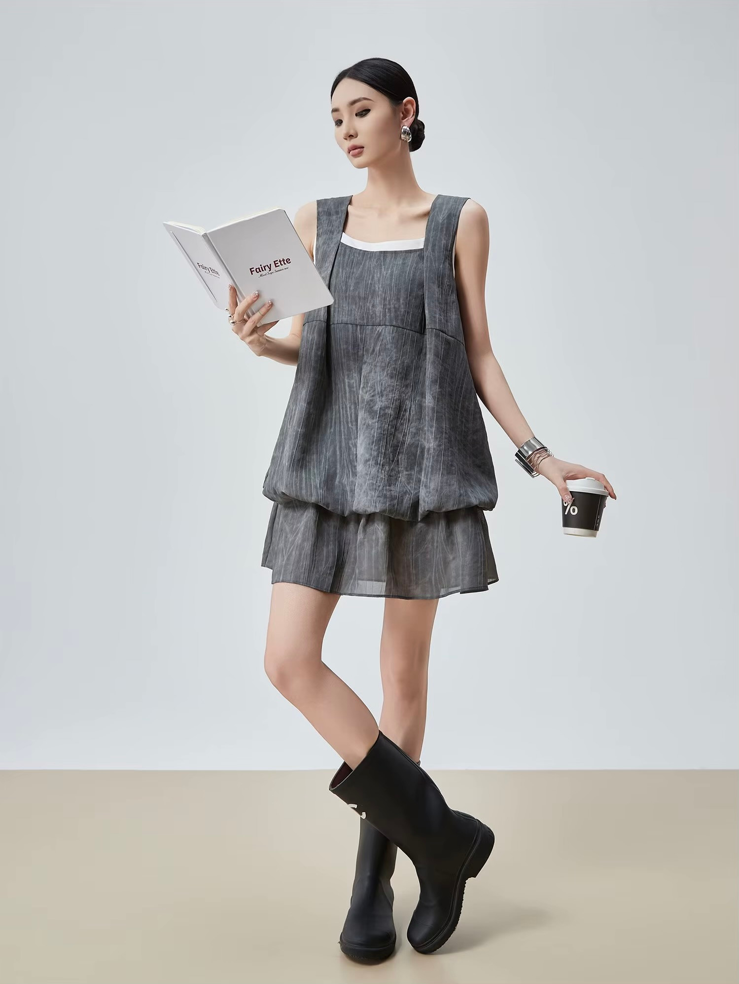 Women’s woman womens petite-, tall-, plus-, size Light Luxury High-quality Elegant cotton-blend holiday vacation getaway evening party club, loose knit sleeveless tank straps, square neck collar design, semi-transparent trim hem, DJ nightclub vibe mini dress Fashion Dresses in Gray grey