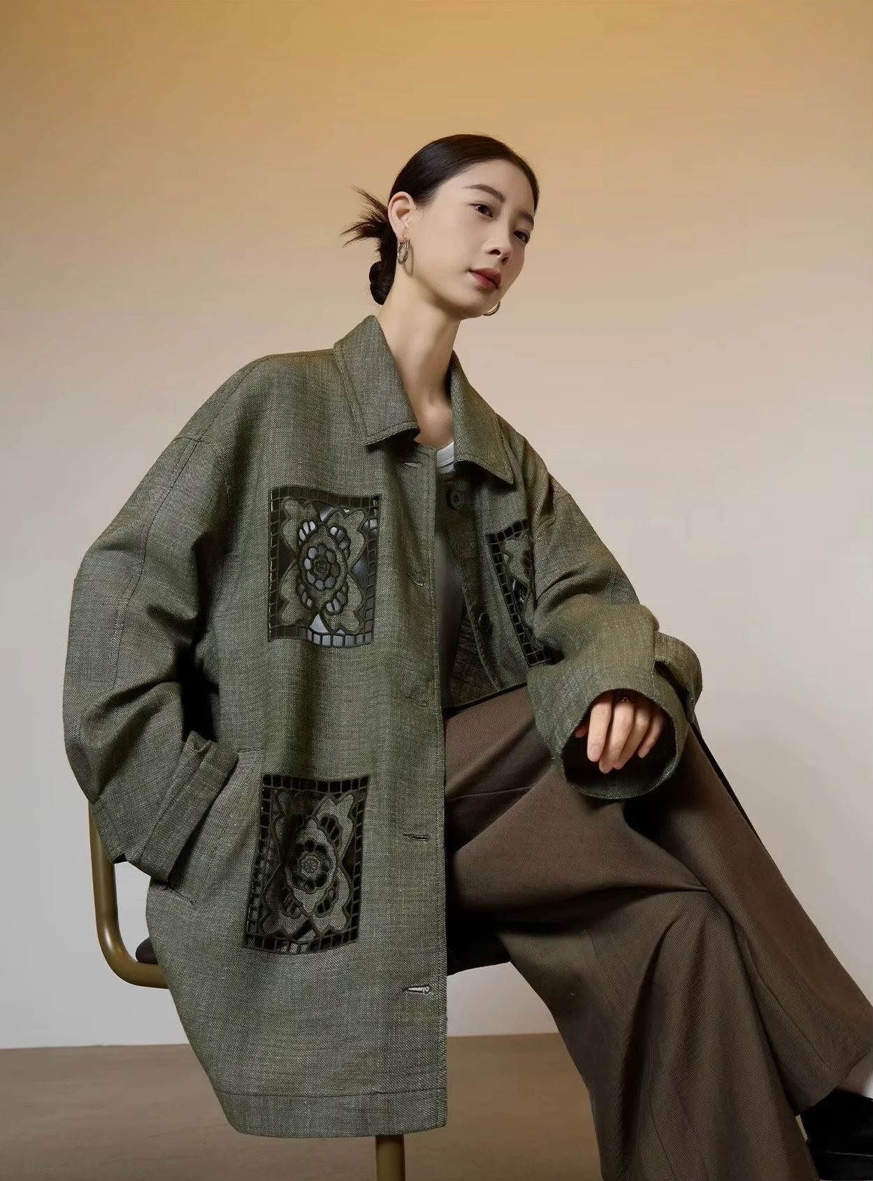 Women’s woman womens petite-, tall-, plus-, size Light Luxury High-quality Elegant cotton-blend evening party wear wfh commute office workwear round turn-down collar, loose hollow-out patchwork embroidery knit long sleeves with pleated pleats band cuffs, embroidered design, trim casual Utility Jacket Fashion coat Jackets in dark olive army green with black accent color