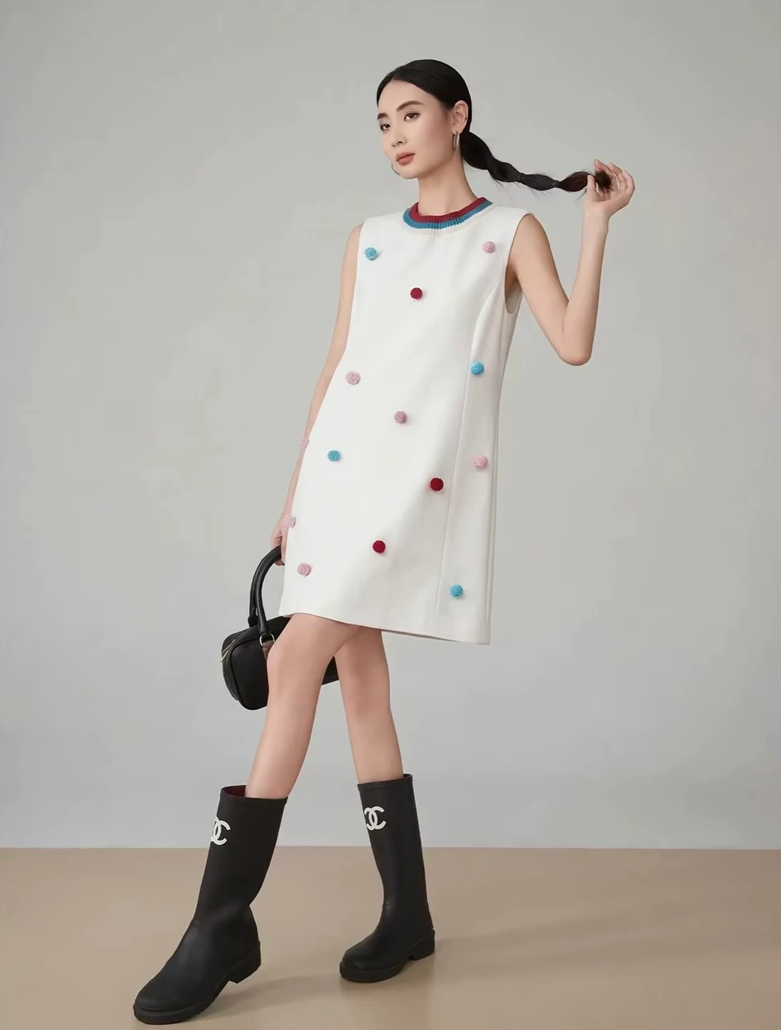 Women’s woman womens petite-, tall-, plus-, size Light Luxury High-quality Elegant cotton-blend Christmas holiday vacation getaway evening party club, loose knit sleeveless crewneck collar design, multicolor 3D bobs stitched decorations, trim hem, DJ nightclub vibe mini dress Fashion Dresses in white with multi color accents