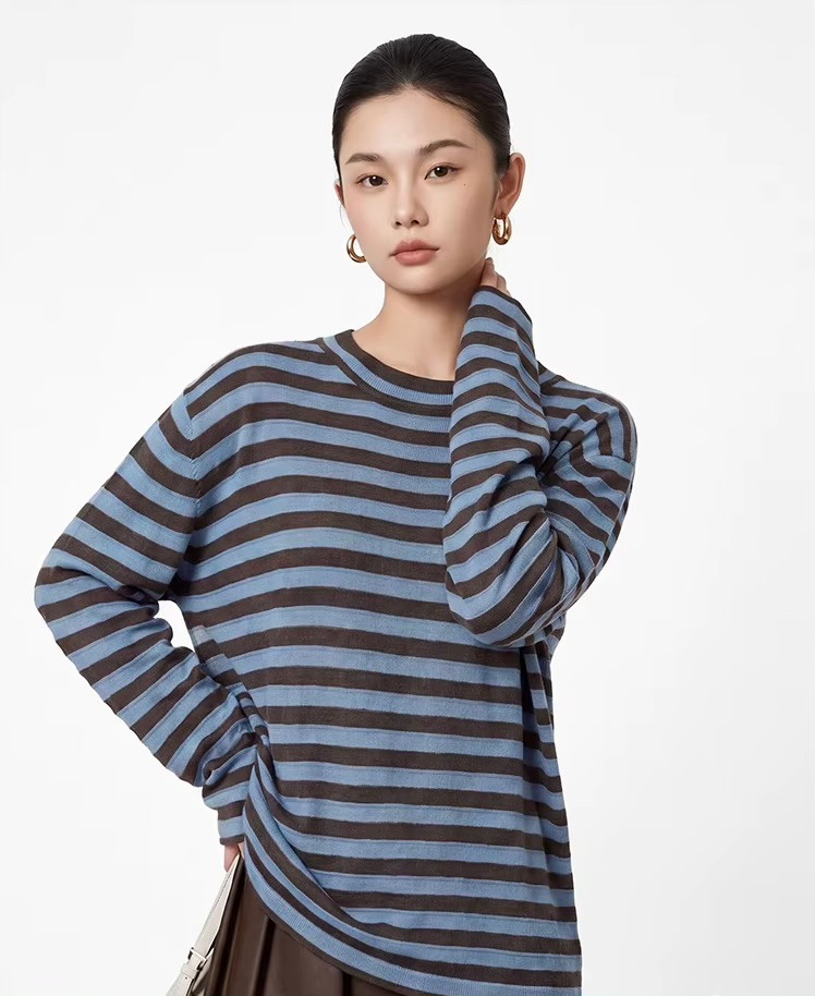 Women’s woman womens petite-, tall-, plus-, size Light Luxury High-quality Elegant holiday vacation getaway evening party club wfh commute office workwear hooded crewneck collar v-neck, wool knit long-sleeves casual sweater Fashion sweaters tops in blue with brown stripes
