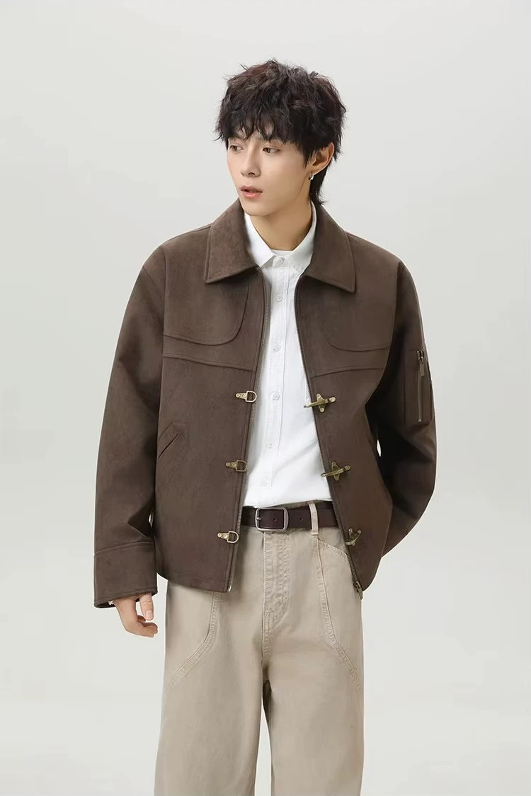 Men’s man mens petite-, tall-, plus-, size Light Luxury High-quality Elegant holiday vacation getaway evening party club wfh office commute work wear turn-down collar Commute loose patchwork long-sleeves single-breasted horn buckle close button-up casual Jacket Fashion workwear Coat Jackets in brown