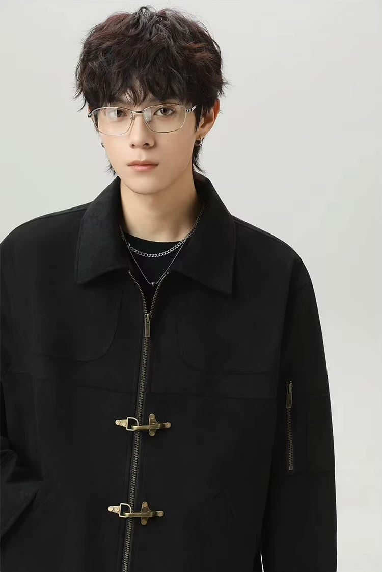 Men’s man mens petite-, tall-, plus-, size Light Luxury High-quality Elegant holiday vacation getaway evening party club wfh office commute work wear turn-down collar Commute loose patchwork long-sleeves single-breasted horn buckle close button-up casual Jacket Fashion workwear Coat Jackets in black