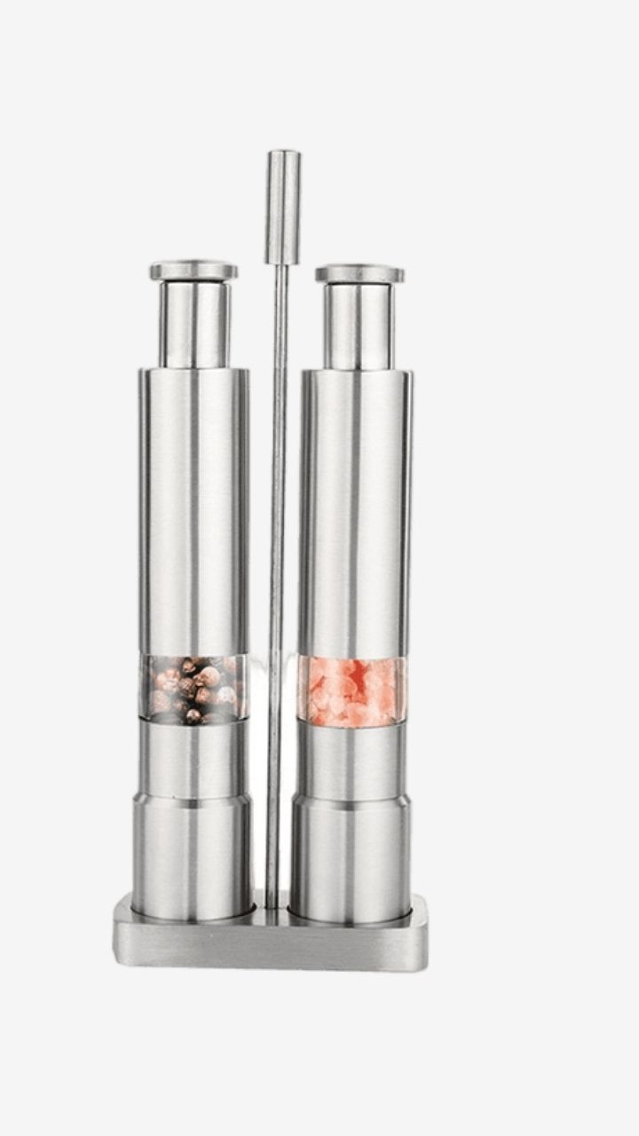 Salt and Pepper Grinder Set Manual Thumb Push Pepper Mill Stainless Steel Spice Sauce Grinders with Metal Holder Mills Trending Salt Pigs, Cellars & Servers
