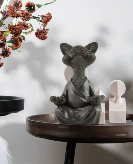 Meditating Whimsical Buddha Cat Figurine Meditation Yoga Collectible Happy Cat Decor Art Sculpture Garden Statue Home Decor Garden Statues & Sculptures in Black Blue Gray Orange Dark Gray / Grey Pink White Trending