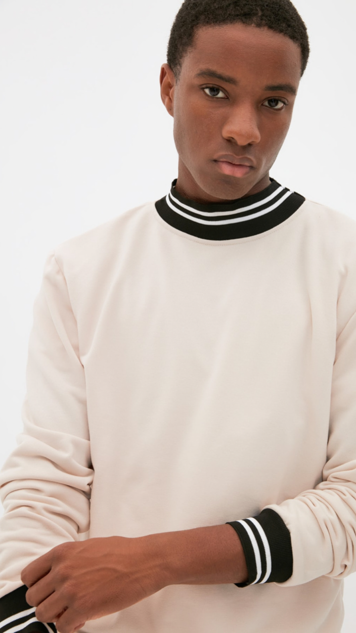 Mens Regular Fit Stripe Sweatshirt Crewneck Men O-Neck Sweatshirts for Man Trending in Beige Gray / Grey