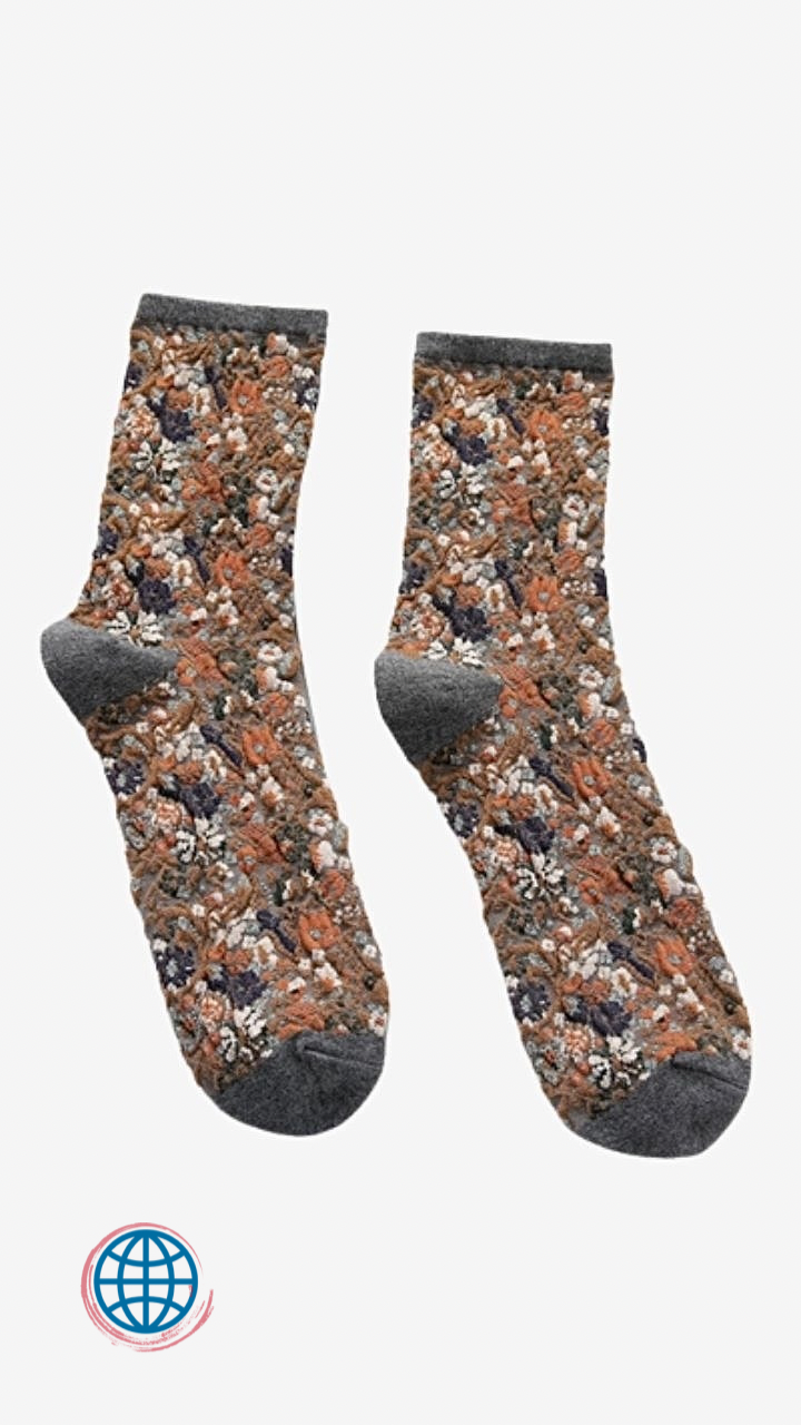 Floral Harajuku Organic Crew Socks Retro Ethnic Flowers Cotton Womens Casual Comfortable Ladies Cute Sock for Woman Trending in Beige Cream, Black Purple, Brown Red, Gray Orange, Purple Green