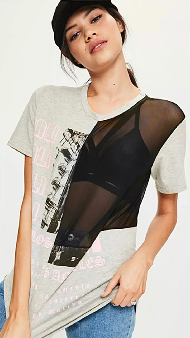 Black Mesh Patchwork T-Shirt Womens European style t shirts for women transparent mesh grey patchwork sexy tee Female casual Gray woman Tees Tops T-Shirts Trending