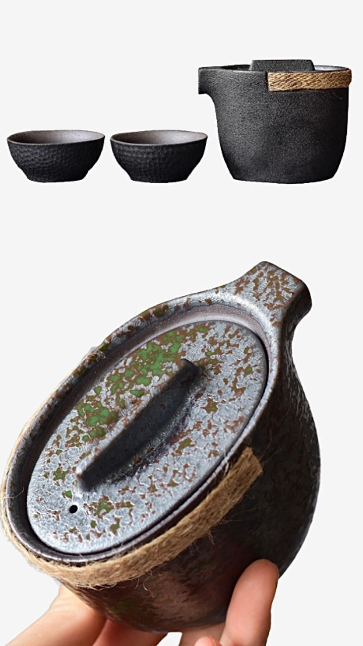 Japanese Ceramic Tea Set Teapot with Twine Rope Handle-guard with 2 cups drinkware Japan Teaware Sets Trending in Black Green Red White