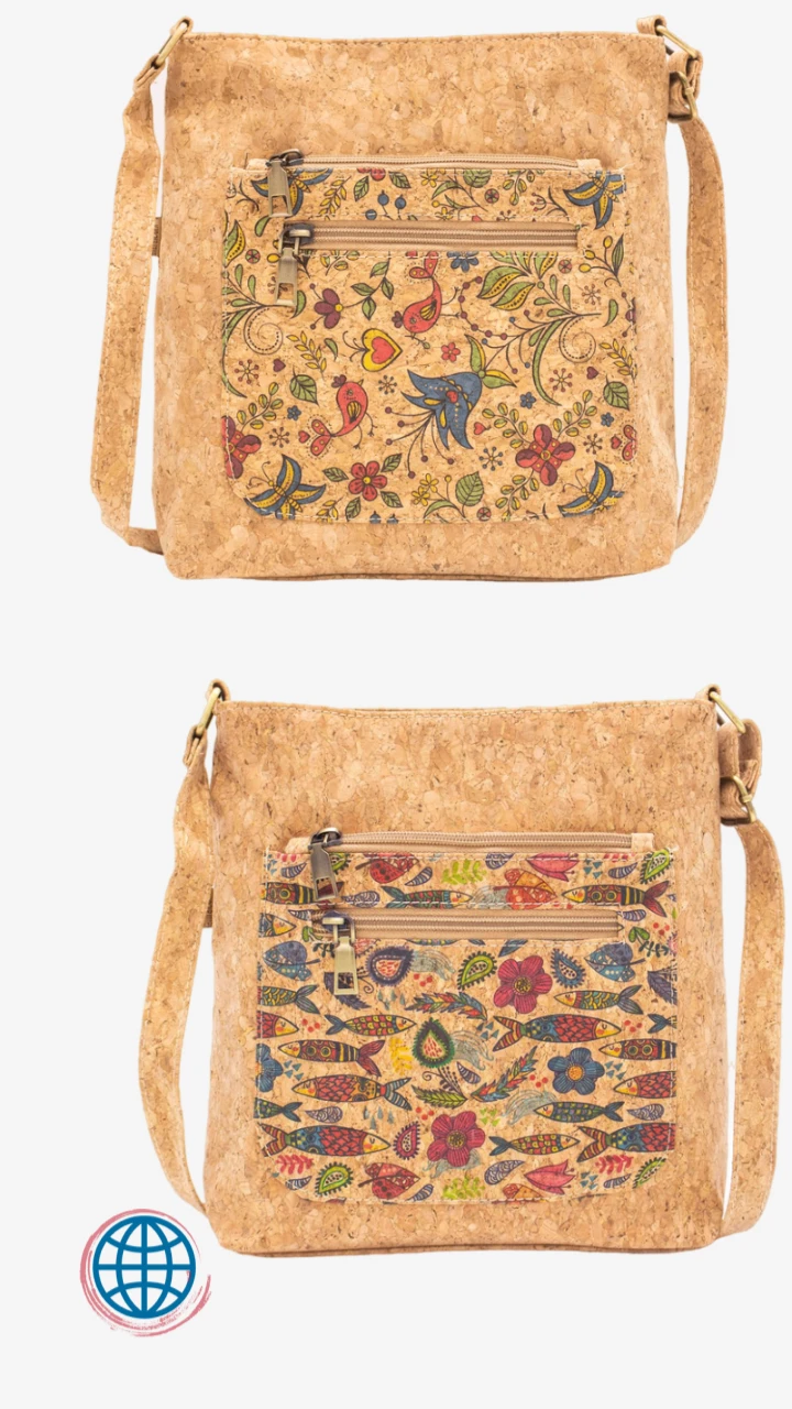 Natural Cork Crossbody Messenger Bag Trending Sardines and butterflies Pattern light Tan Bags