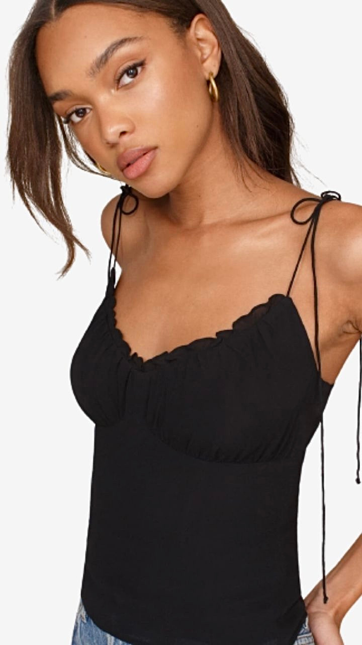 Ruched Spaghetti Strap Tank Top Womens Elegant Camisole Adjust Straps Women Camis Vintage Chiffon Black Slim Women Top Camis Trending for Woman