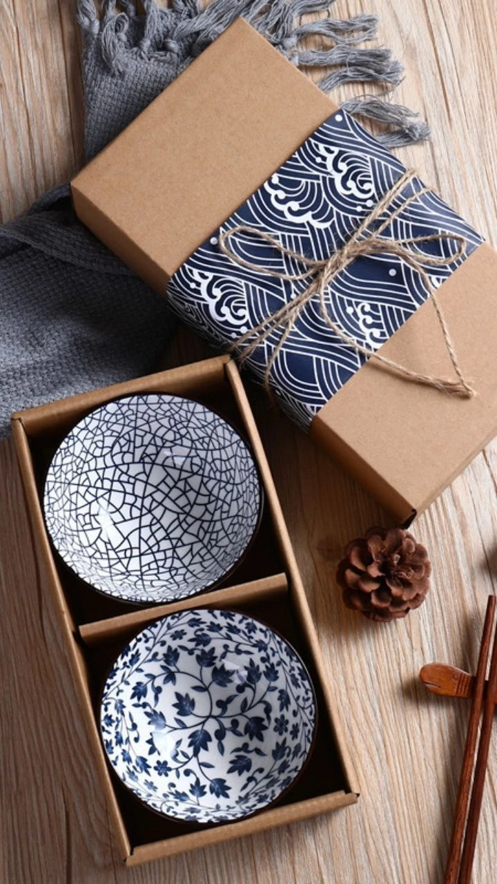 Rice Bowl Gift Box Set Blue and White Porcelain Tableware Soup Salad Mixing Trending Ceramic Bowls