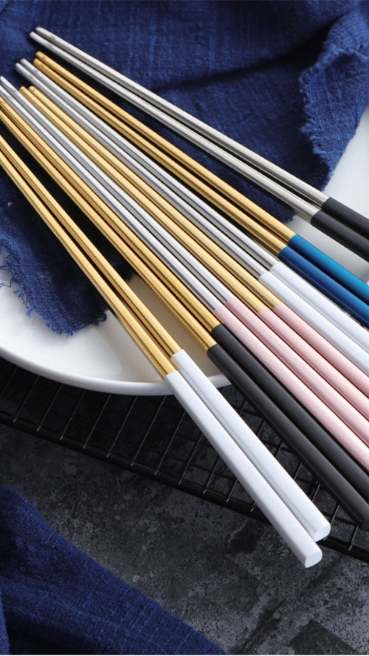 Stainless Steel Japanese Chopsticks Luxury 304 Square Metal Household Gold Plated 1 Pair Of Japan Chopstick Trending In Black Blue Gray / Grey Navy Pink