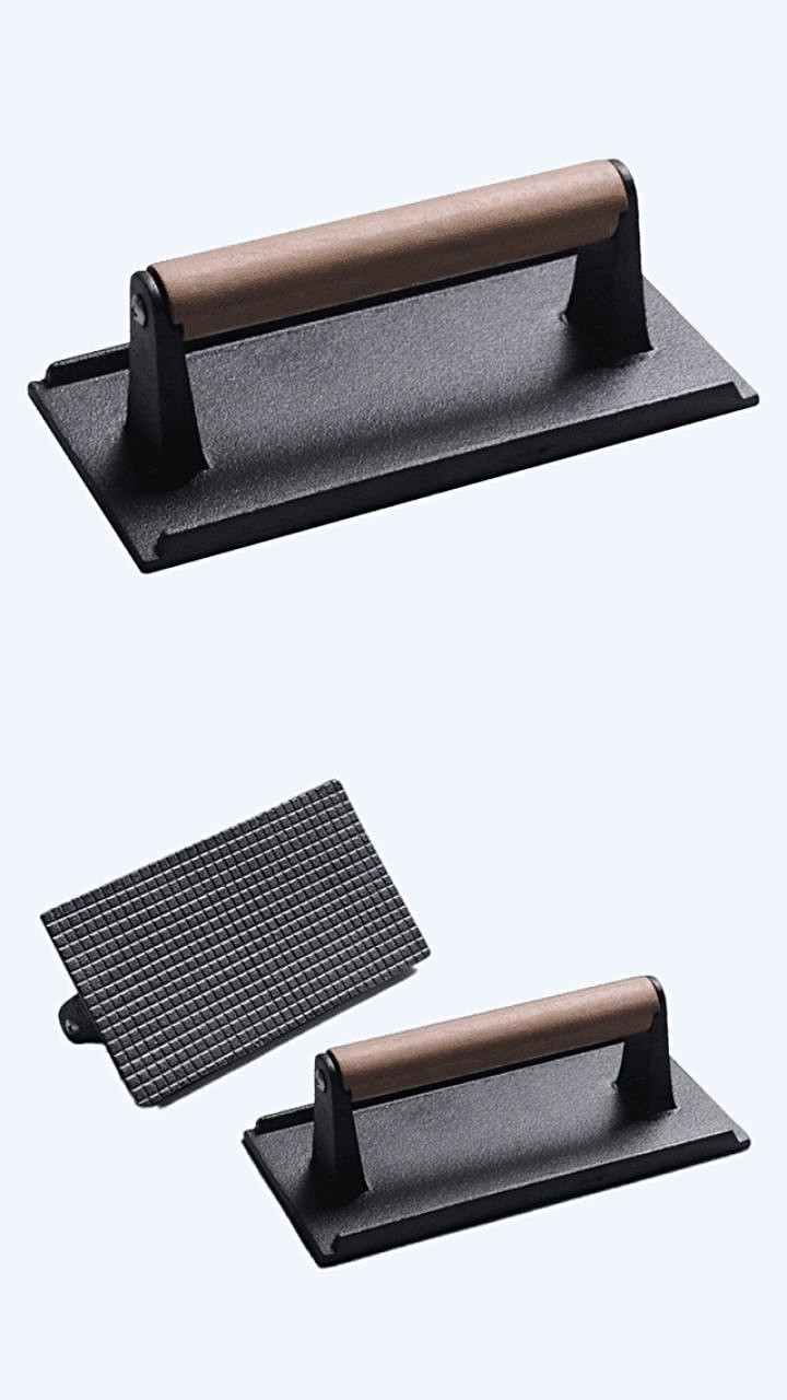 Steak Weight Press Rectangular for Barbecue Grill with Wooden Handle Pre Seasoned BBQ Cast Iron Bacon Burger Kitchen Trending Tools