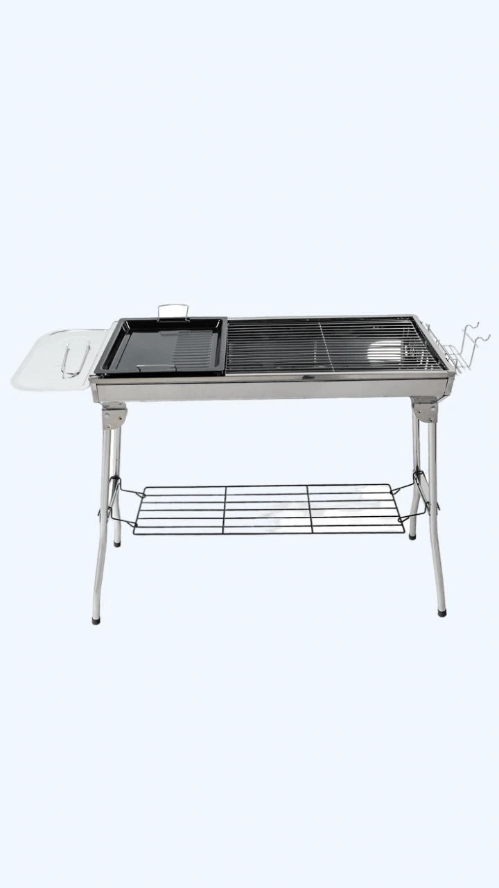 Stainless Steel BBQ Grill Large Outdoor Folding Portable Barbecue Meat Rack Picnic Trending Silver BBQ Grill with Storage Basket Board Shelf