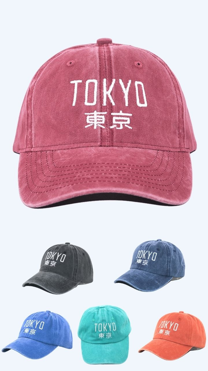 TOKYO Denim Baseball Cap Japanese dad hat 100% cotton washed embroidery fashion unisex mens women's sports snapback caps Trending Japan hats for Man Woman in Red, Black, Blue, Navy Blue, Sky Blue, Orange