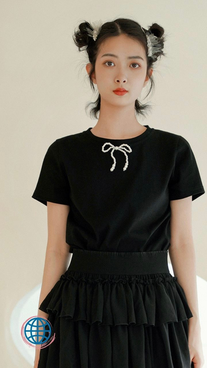 Cotton Bowknot Short Sleeve T-Shirt Women's Japanese black pure short-sleeved crewneck wild slim slimming round neck top T-shirts female Trending Japan Tees Tops for Woman