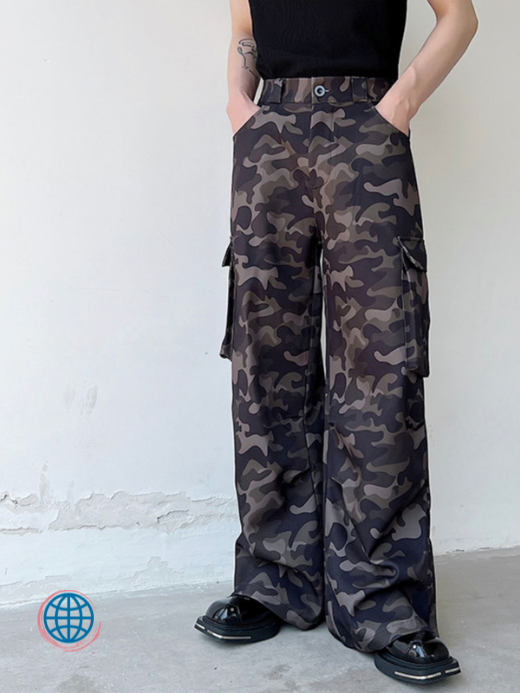 Camo Wide Leg Pants Men's Wear Black Camouflage Print Elastic Waist Causal Loose Straight Trousers For Man