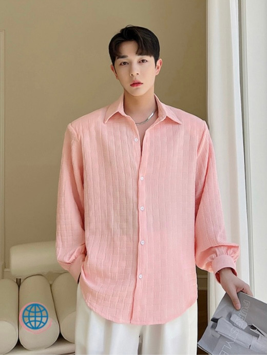 Loose Fit Wickered Shirt Men’s Turn Down Collar Long Sleeve Solid Color Wicker style Pattern Loose Fashion Pink Trending Shirts Man Clothing