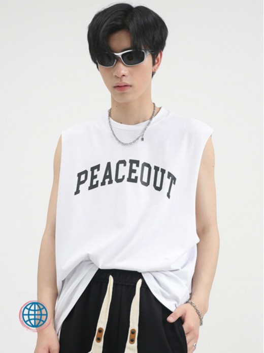 Sleeveless Sports Vest Top Men's Wear Peace Out Crewneck O-Neck Tee Loose PEACEOUT Letter Printed Vests  Streetwear T-shirt Tank Tops Activewear Clothing Gym Fit Sport T-Shirts Tees For Man Trending in White
