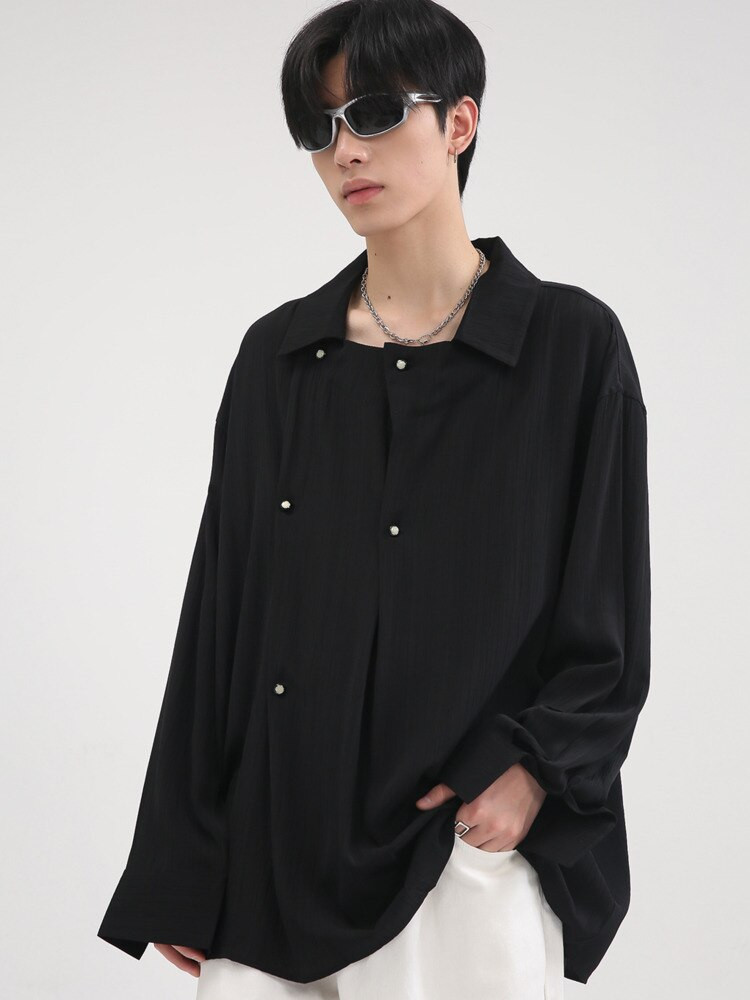 Thin Loose Fit Shirt Men’s Turn Down Collar Long Sleeve Casual Tops Shirts for Man Clothing Trend in Black