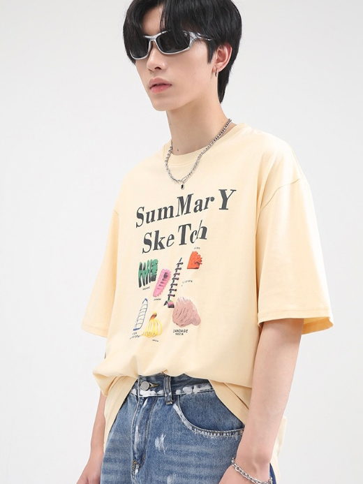 Short Sleeve Print T-Shirt Men’s Summary Sketch Letter Printed Crewneck O-Neck Top Casual Loose Streetwear T-shirts Tops For Man Fashion Clothing Trending in Khaki