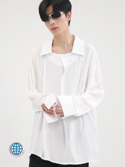 Thin Loose Long Sleeve Shirt Men’s Turn Down Collar Long Sleeve Casual Tops Shirts for Man Clothing Trending in White