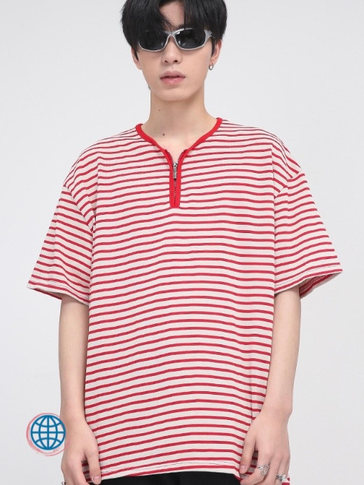 Zip-Up V-Neck T-Shirt  Men’s Korea Top Short Sleeve Front Zipper Loose Stripe Korean Streetwear Fashion Clothing T-Shirts Tops For Man Trending in Red