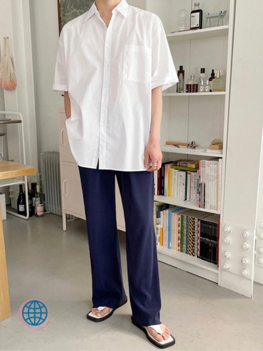 Silk Wide Leg Pants  Men’s Thin Ice Mid-Rise Elastic Waist Causal Loose Straight Trousers Clothing For Man Trending in Navy Blue
