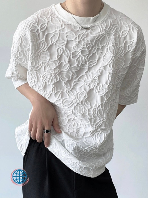 Crewneck Jacquard T-Shirt Men’s Korean Top Short Sleeve White O-neck Loose Streetwear T-shirts Korea Fashion Clothing Trending Tops For Man