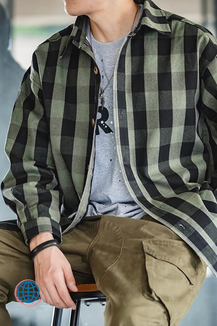 Retro Plaid Shirt Men's Japanese 360G Heavy High Quality Casual Single Breasted Loose Long-sleeved Turn-down Collar Japan Shirts for Man Trending in Green