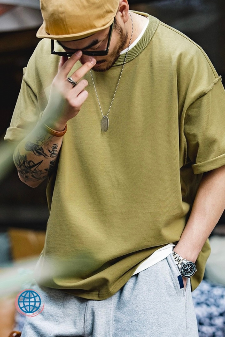 Reverse Oversized T-Shirt Men’s Crewneck Ribbed Tee Short Sleeve American Tee Top Vintage NEVER SAY DIE Letter Print O-Neck Round Neck America T-Shirts Tops Tees for Man Trending in Green