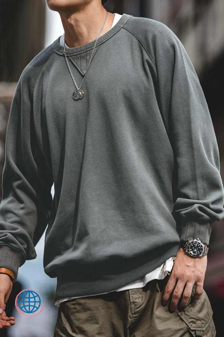 Cotton Loose-Fit Crewneck Sweatshirt Vintage Men's American Oversized Sport Loose Fit Solid Thicken Ribbed O-Neck Warm Casual Knitting  America Sportswear Sweatshirts Fitness Sports Clothes For Man Trending in Gray / Grey