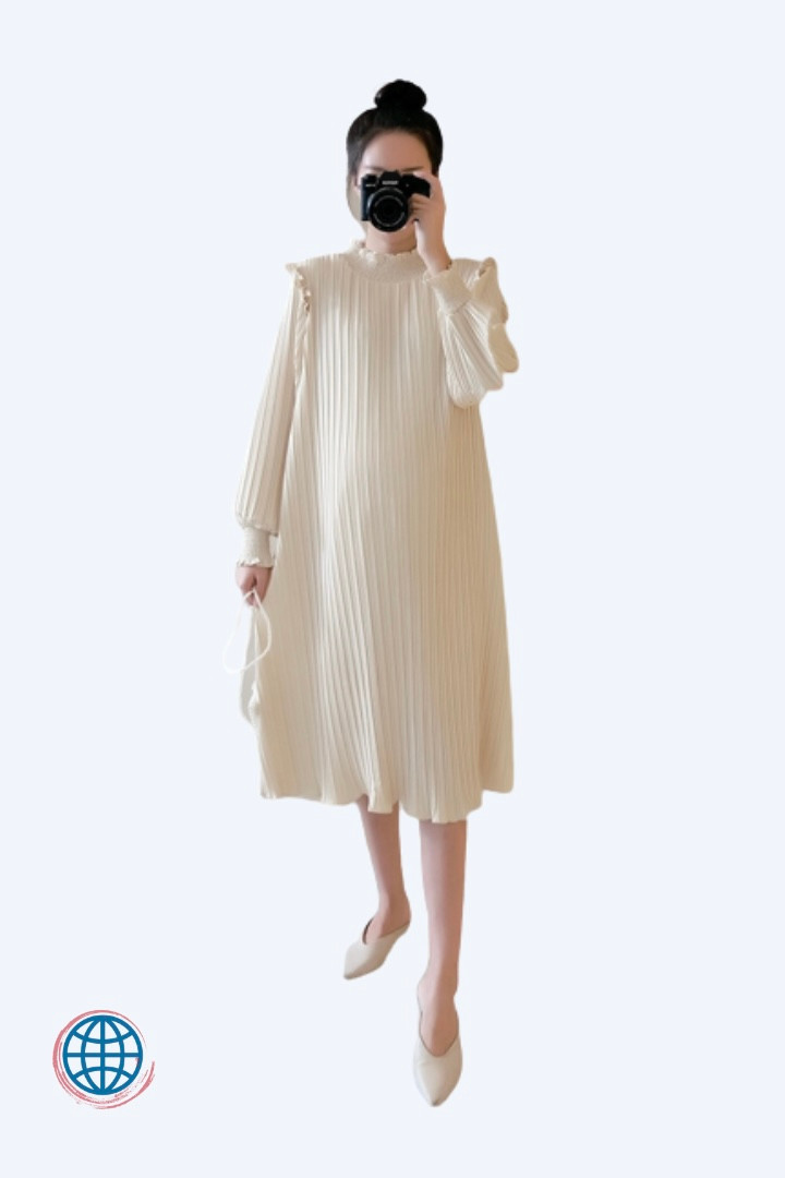 Chiffon Pleat Maternity Dress Women’s Pleated Long Knee Length Pregnancy Casual Loose Maternity Dresses For Pregnant Women Plus Size Clothes Trending in Beige