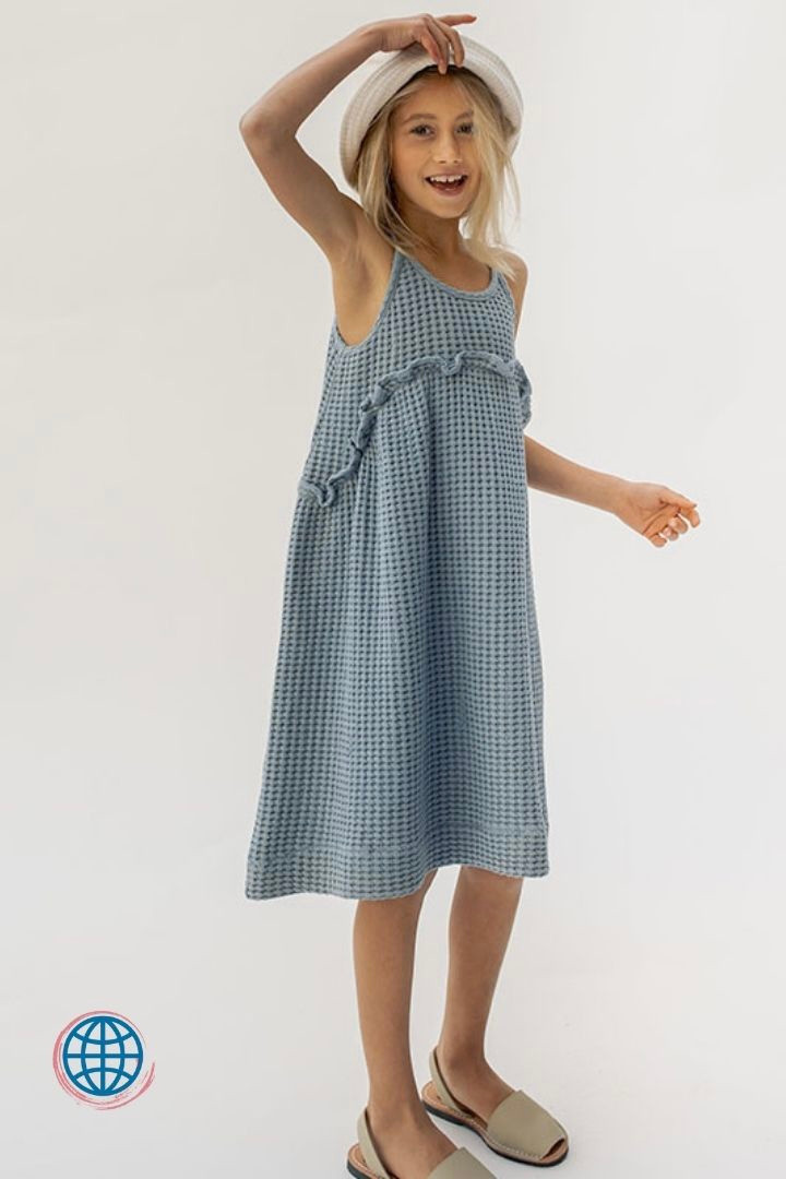 Sleeveless Scoopneck Waffle Dress Girls Teen Girl Beach Holiday 100% Organic Cotton O-neck Spaghetti Strap With Frill Girl Teen Dresses Trending in Dusk Blue