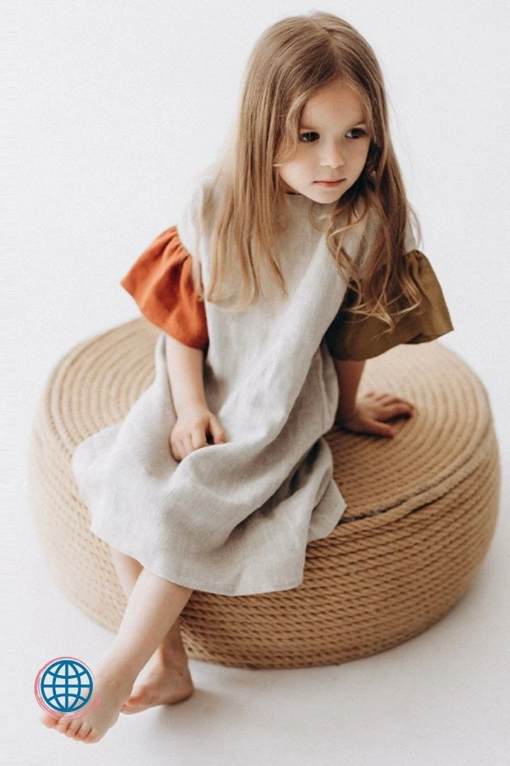 Linen Patchwork Dress Kids Girls Toddlers Casual Flare Sleeve Crewneck O-Neck Natural Cotton And Linen Dresses Children's Toddler Girl Clothing Trending in Gray / Grey