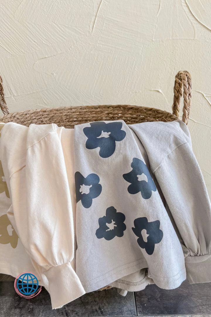 Toddler Ribbed Crewneck Top Children Girls Long Sleeve Shirt Sweet Baby Girl Fashion Big Flower Loose Tops Cotton Comfortable Toddlers Clothes Trending in Gray / Grey Beige